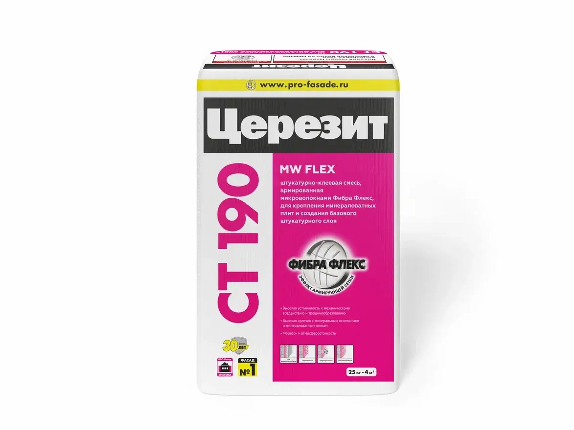 Штукатурно-клеевая смесь для минераловатных плит Церезит CT 190 25 кг от магазина ЛесКонПром.ру