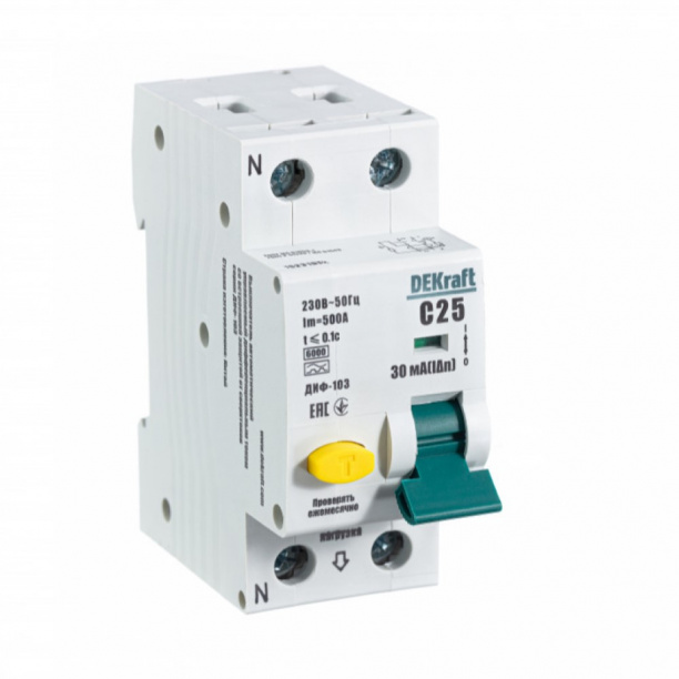 Выключатель автоматический дифференциальный DEKraft 1п+N С 25 А 6 кА 30 мА тип А от магазина ЛесКонПром.ру