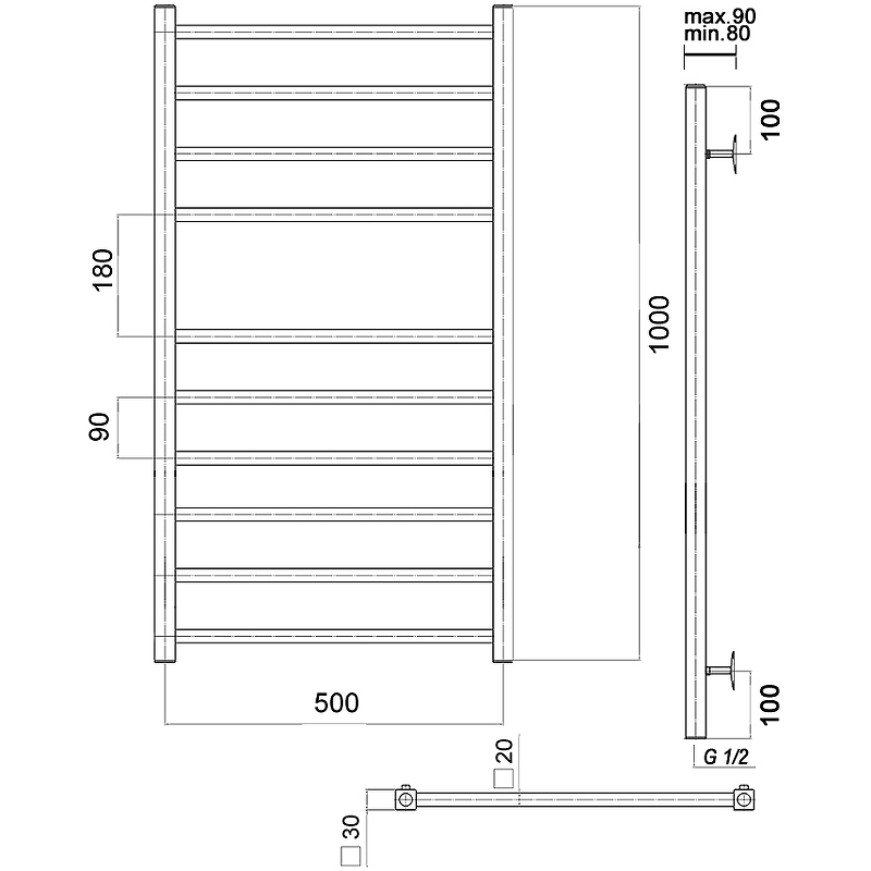 Водяной полотенцесушитель Domoterm Квадро П10 500x1000 Хром от магазина ЛесКонПром.ру