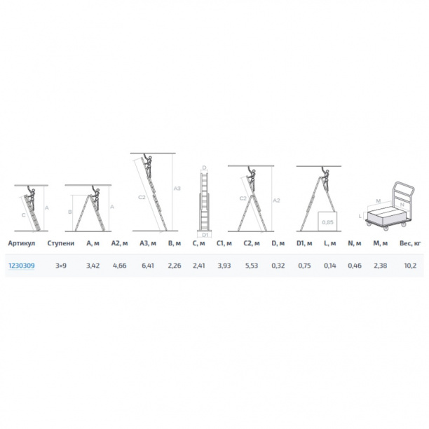 Лестница алюминиевая трехсекционная Новая Высота 9 ступеней от магазина ЛесКонПром.ру
