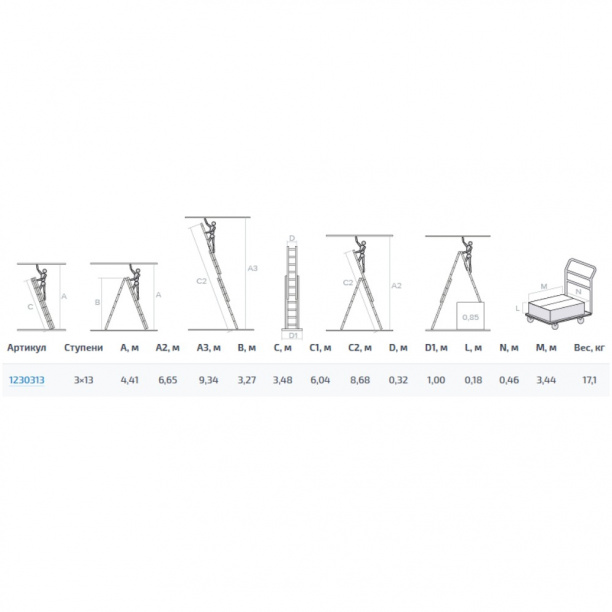 Лестница алюминиевая трехсекционная Новая Высота 13 ступеней от магазина ЛесКонПром.ру