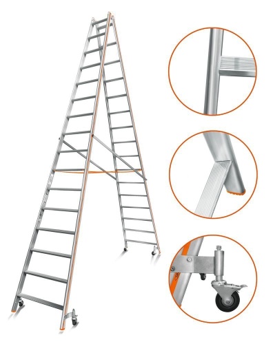 Двухсторонняя стремянка алюминиевая Эйфель 16 ступеней (арт. Комфорт - Профи 216 Роллер) от магазина ЛесКонПром.ру