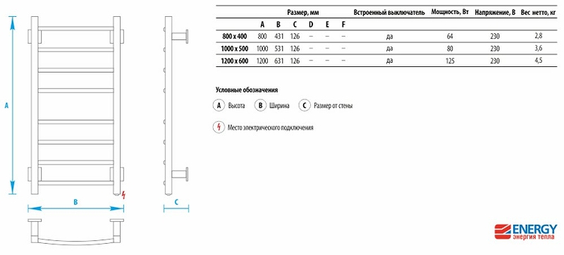 Электрический полотенцесушитель Energy Grand 800x400 EETRGRAND0804000000 Хром от магазина ЛесКонПром.ру