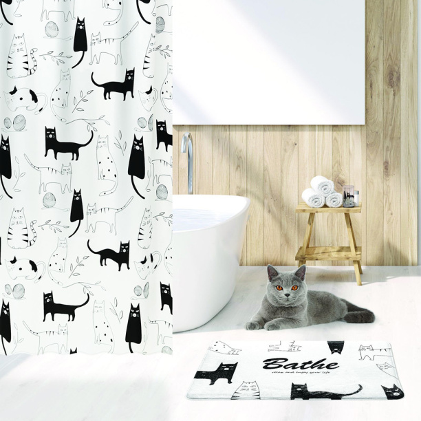 Штора для ванной BATH PLUS Кошки 180х180 см текстиль бело-черная от магазина ЛесКонПром.ру