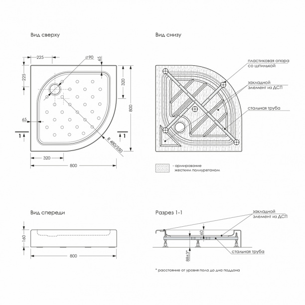 Душевой поддон МЕТАКАМ Classic N 80х80 см полукруглый от магазина ЛесКонПром.ру
