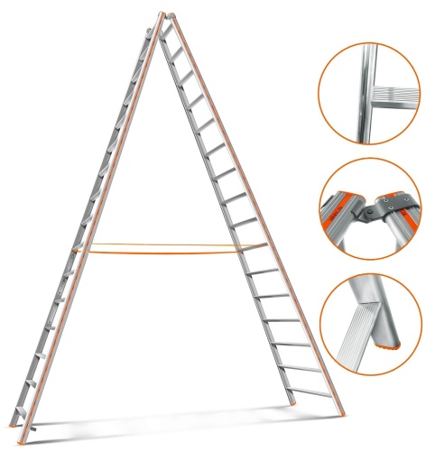 Двухсторонняя стремянка алюминиевая Эйфель 16 ступеней (арт. Комфорт-Профи 216) от магазина ЛесКонПром.ру