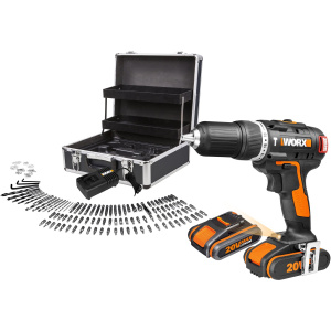 Дрель-шуруповерт ударная аккумуляторная WORX WX367.1 20В, бесщеточная. с двумя АКБ на 2Ач и ЗУ, набор оснастки (158 шт), в кейсе