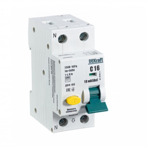 Выключатель автоматический дифференциальный DEKraft 1п+N С 16 А 6 кА 10 мА тип А от магазина ЛесКонПром.ру