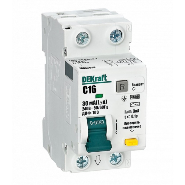 Выключатель автоматический дифференциальный DEKraft 1п+N 30 мА 16 А С от магазина ЛесКонПром.ру