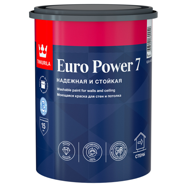 Краска для стен и потолка TIKKURILA Euro Power 7 белая (база A) 0,9 л от магазина ЛесКонПром.ру