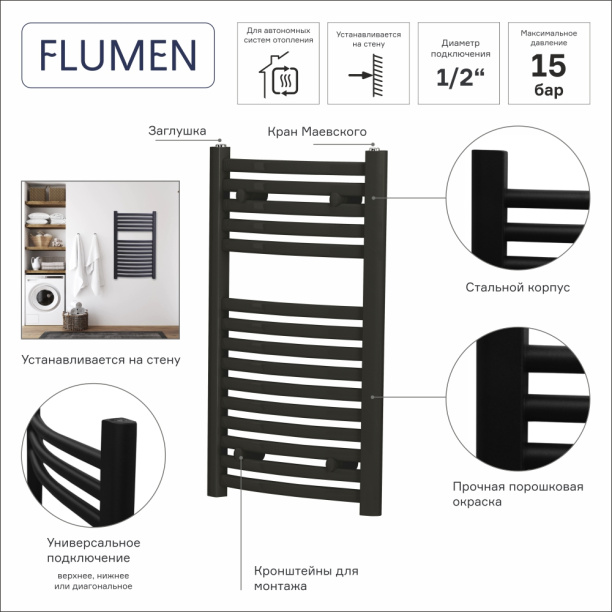 Полотенцесушитель водяной FLUMEN SE 500х800 мм стальной черный от магазина ЛесКонПром.ру