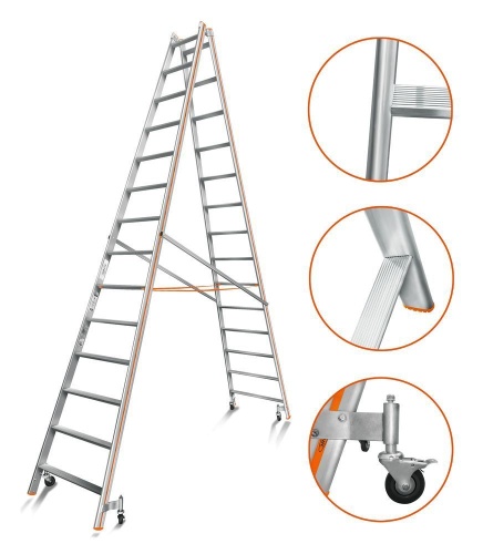 Двухсторонняя стремянка алюминиевая Эйфель 14 ступеней (арт. Комфорт - Профи 214 Роллер) от магазина ЛесКонПром.ру