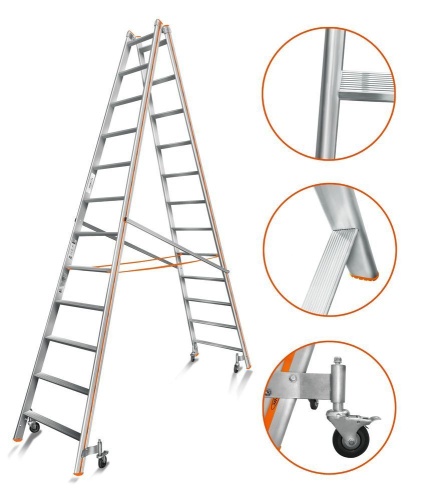Двухсторонняя стремянка алюминиевая Эйфель 12 ступеней (арт. Комфорт - Профи 212 Роллер) от магазина ЛесКонПром.ру