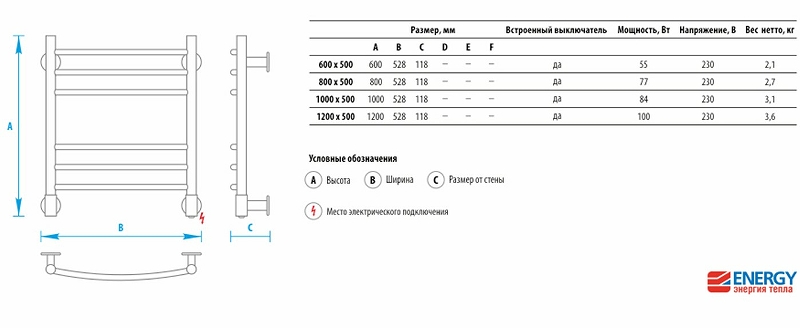 Электрический полотенцесушитель Energy Ergo 1000x500 EETR0ERGO1005000000 Хром от магазина ЛесКонПром.ру